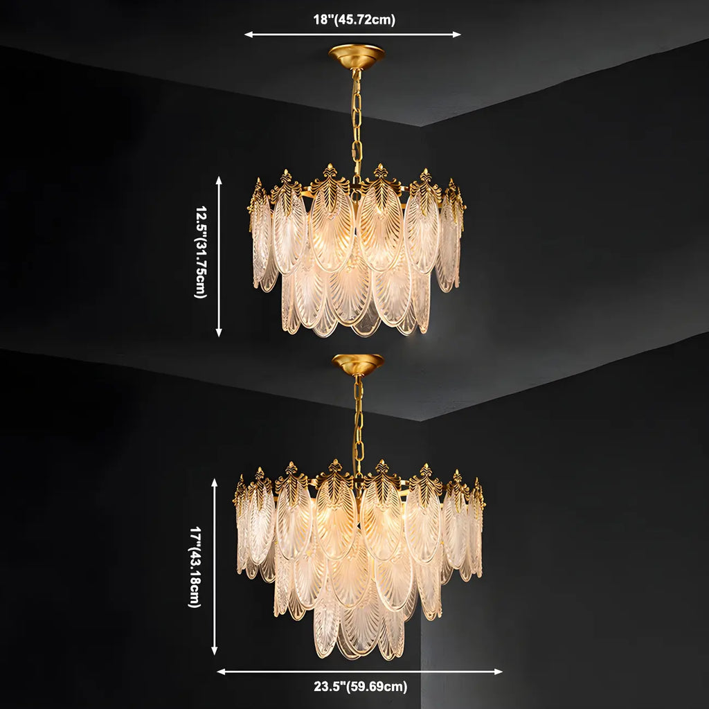 Lustre élégant en laiton et verre côtelé à plusieurs niveaux