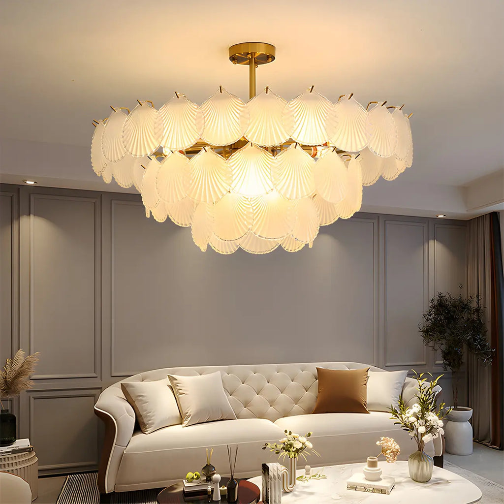 Lampadario in vetro a strati smerlato regolabile, elegante e unico, color oro
