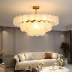 Lampadario in vetro a strati smerlato regolabile, elegante e unico, color oro