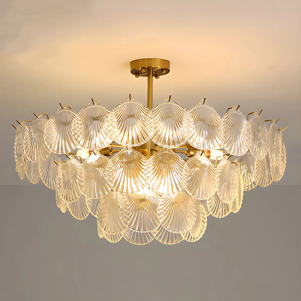 Lampadario in vetro a strati smerlato regolabile, elegante e unico, color oro