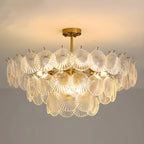 Lampadario in vetro a strati smerlato regolabile, elegante e unico, color oro