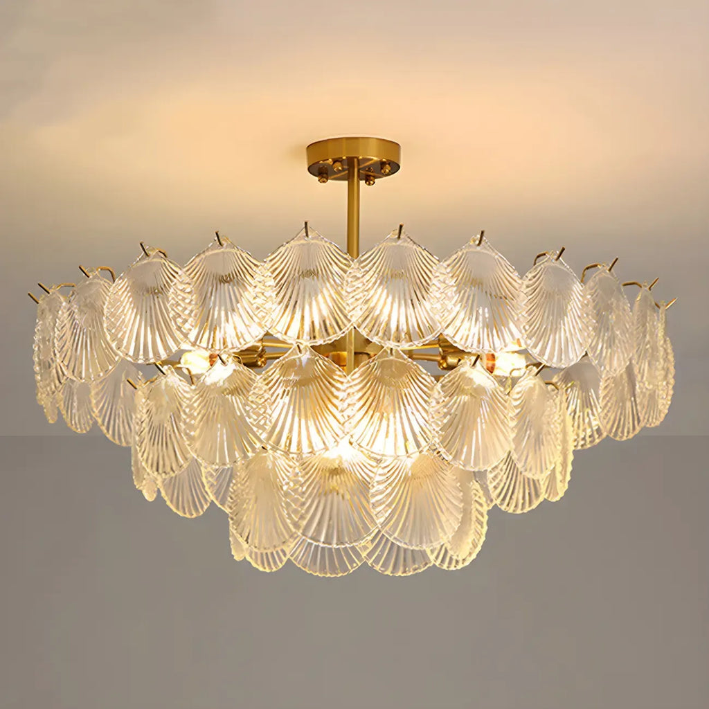 Lampadario in vetro a strati smerlato regolabile, elegante e unico, color oro
