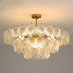Lampadario in vetro a strati smerlato regolabile, elegante e unico, color oro