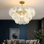 Lampadario in vetro a strati smerlato regolabile, elegante e unico, color oro