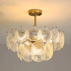 Lampadario in vetro a strati smerlato regolabile, elegante e unico, color oro