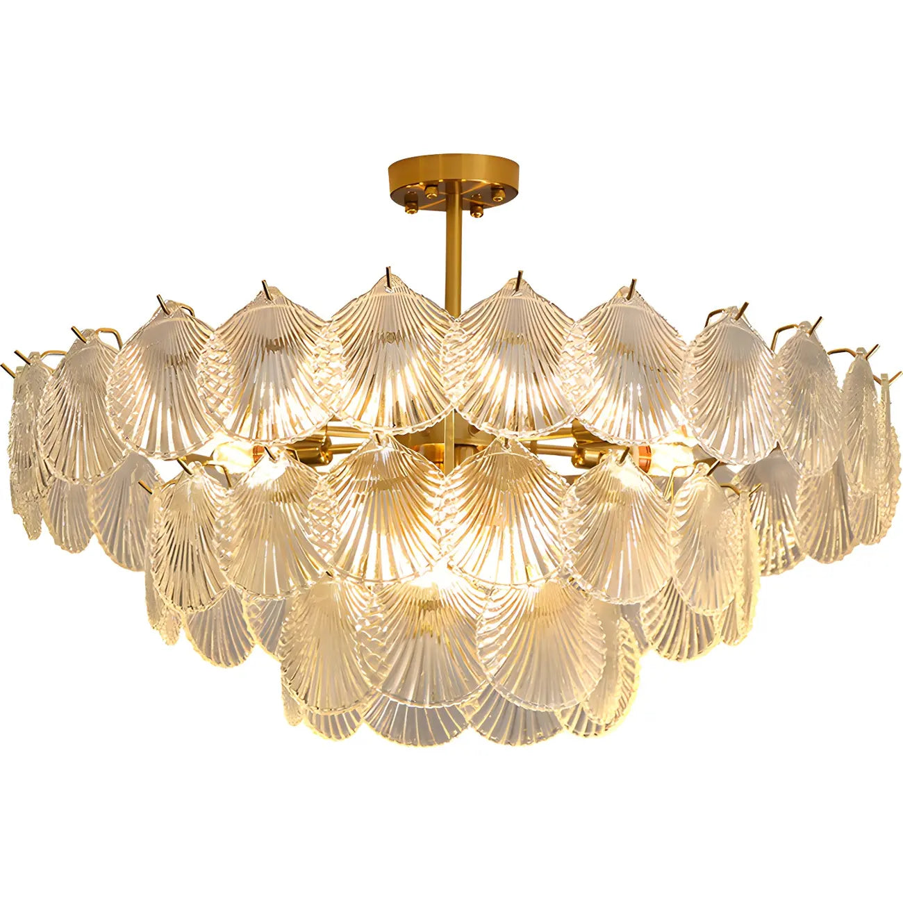 Lampadario in vetro a strati smerlato regolabile, elegante e unico, color oro