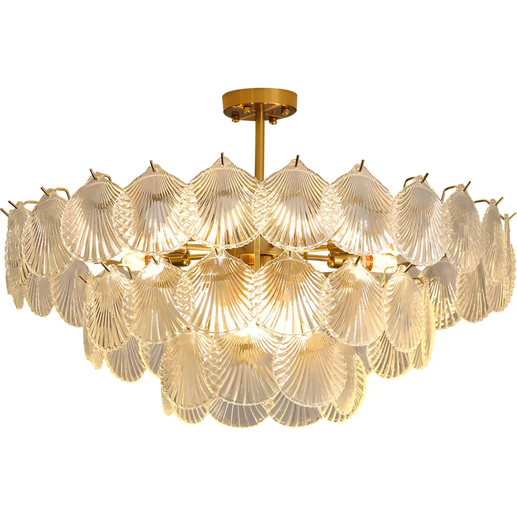 Lampadario in vetro a strati smerlato regolabile, elegante e unico, color oro