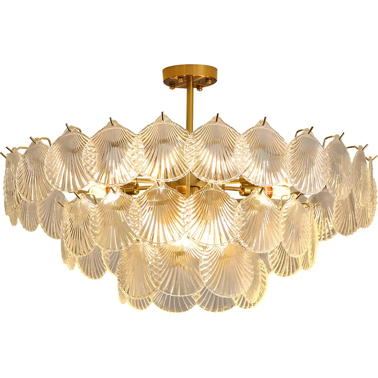 Lampadario in vetro a strati smerlato regolabile, elegante e unico, color oro