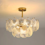 Lampadario in vetro a strati smerlato regolabile, elegante e unico, color oro