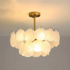 Lampadario in vetro a strati smerlato regolabile, elegante e unico, color oro