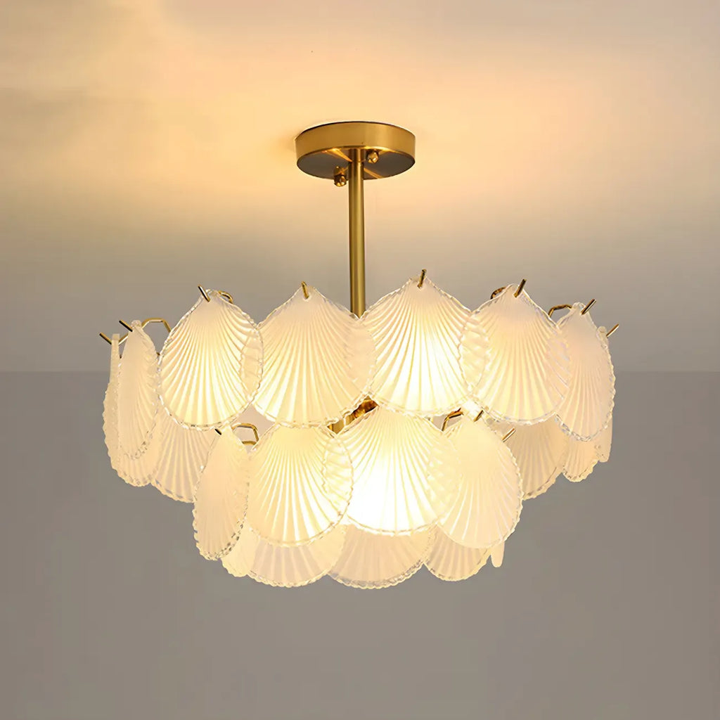 Lampadario in vetro a strati smerlato regolabile, elegante e unico, color oro