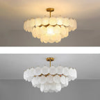 Lampadario in vetro a strati smerlato regolabile, elegante e unico, color oro