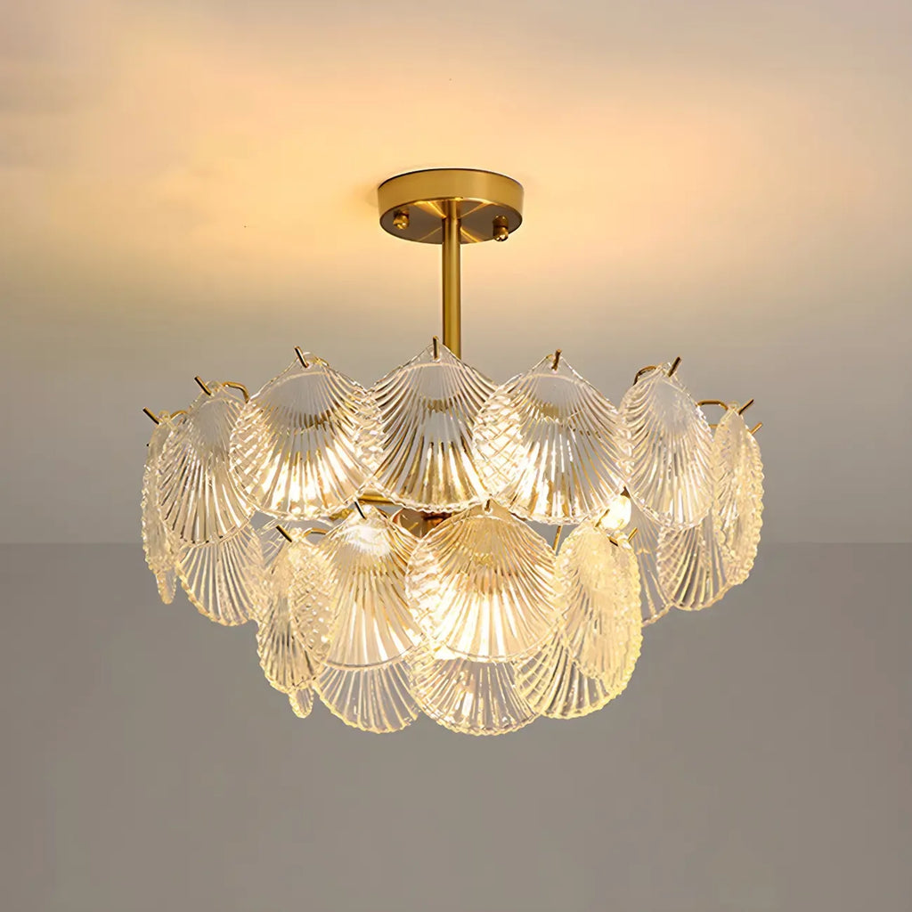 Lampadario in vetro a strati smerlato regolabile, elegante e unico, color oro