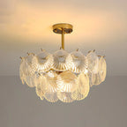 Lampadario in vetro a strati smerlato regolabile, elegante e unico, color oro