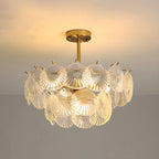 Lampadario in vetro a strati smerlato regolabile, elegante e unico, color oro