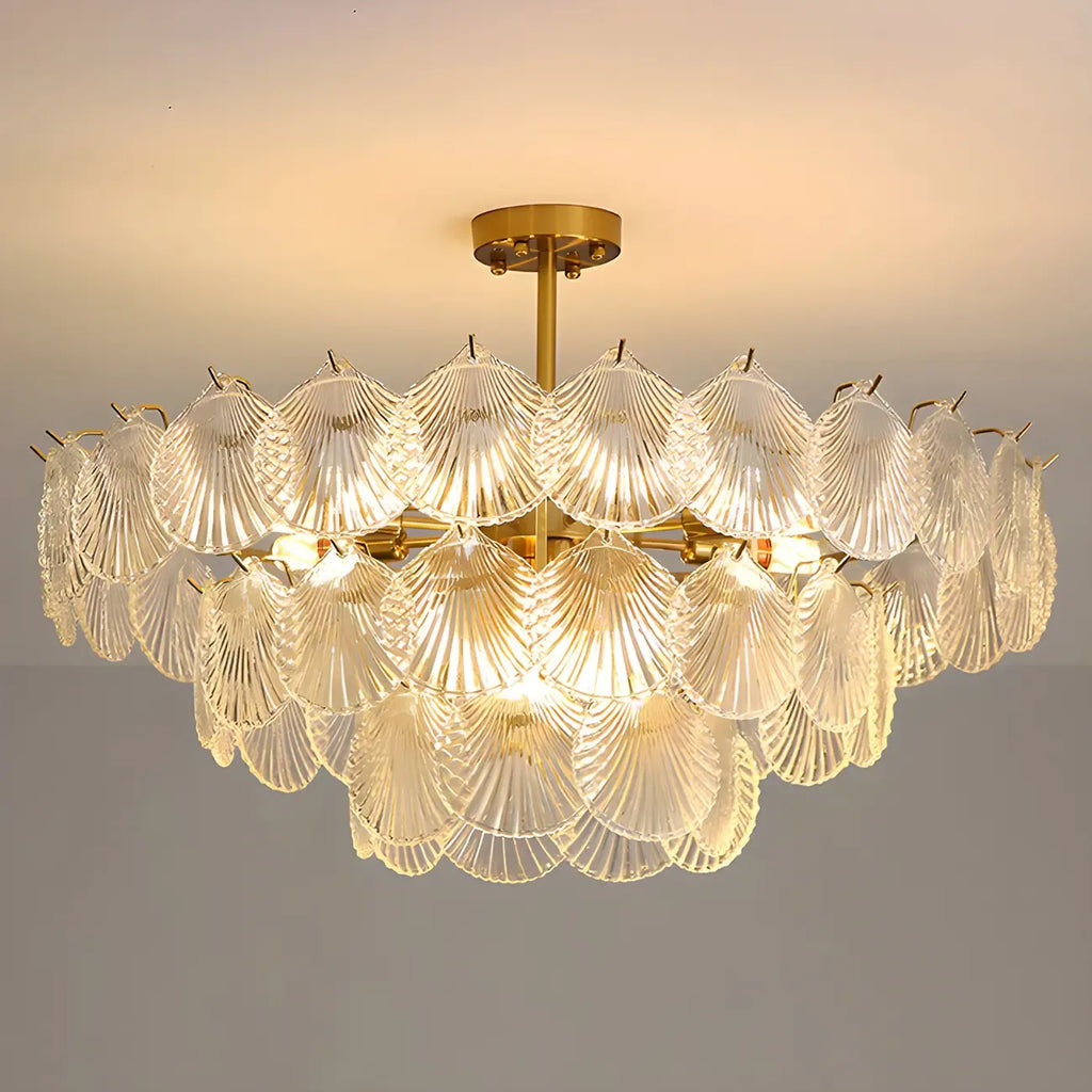 Lampadario in vetro a strati smerlato regolabile, elegante e unico, color oro