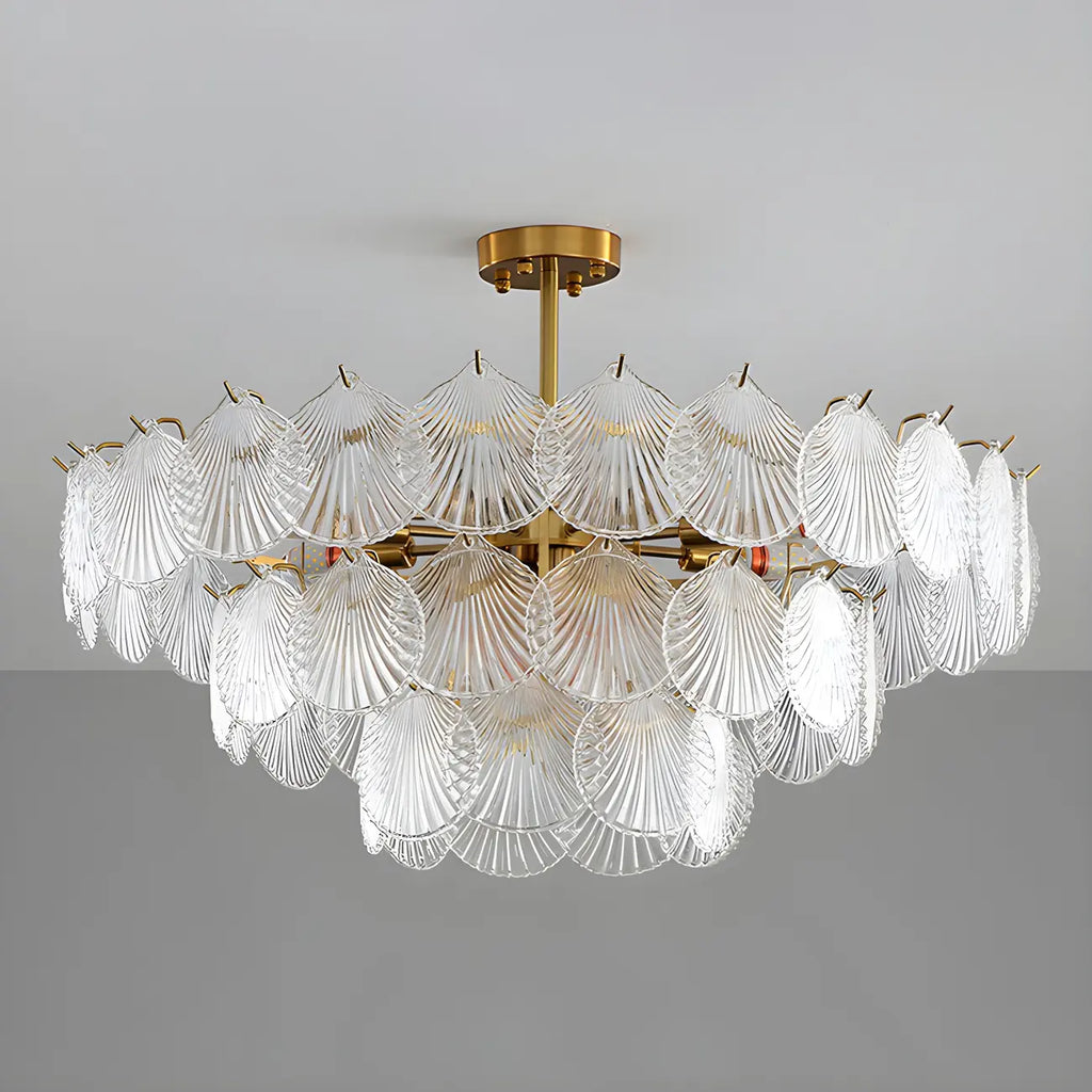Lampadario in vetro a strati smerlato regolabile, elegante e unico, color oro