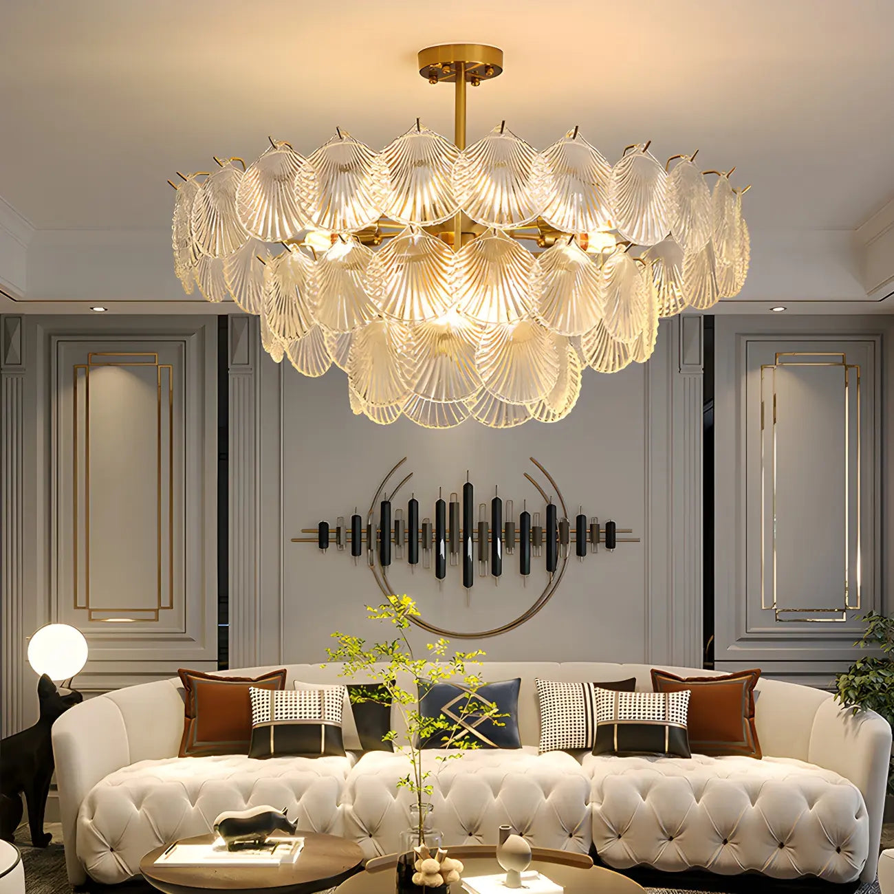 Lampadario in vetro a strati smerlato regolabile, elegante e unico, color oro