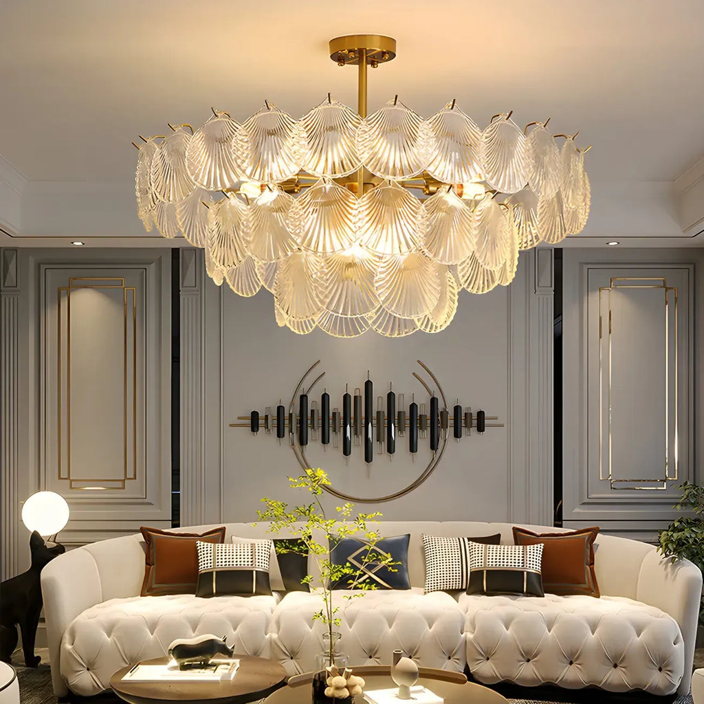 Lampadario in vetro a strati smerlato regolabile, elegante e unico, color oro