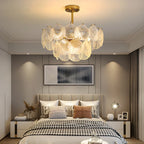 Lampadario in vetro a strati smerlato regolabile, elegante e unico, color oro