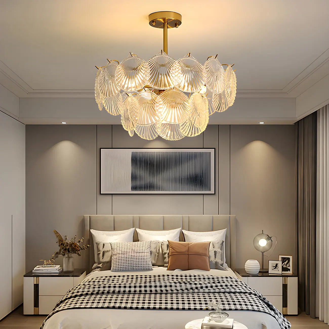 Lampadario in vetro a strati smerlato regolabile, elegante e unico, color oro