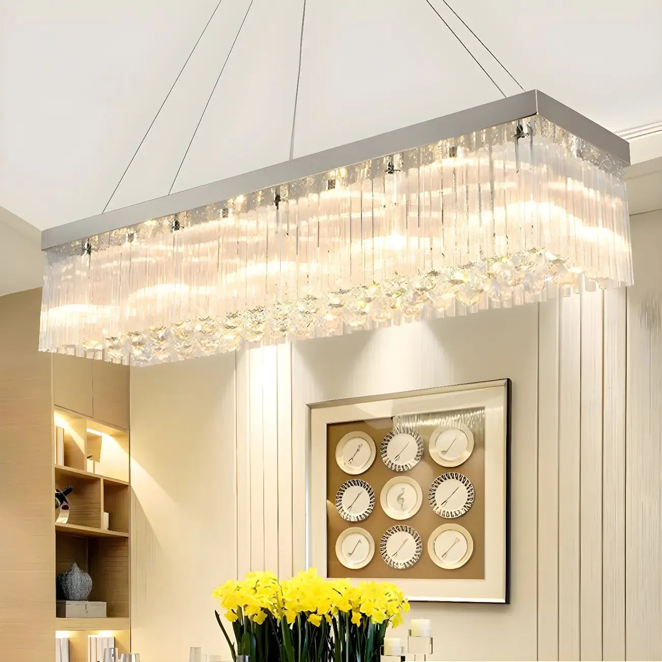 Lustre rectangulaire moderne en cristal argenté pour îlot central
