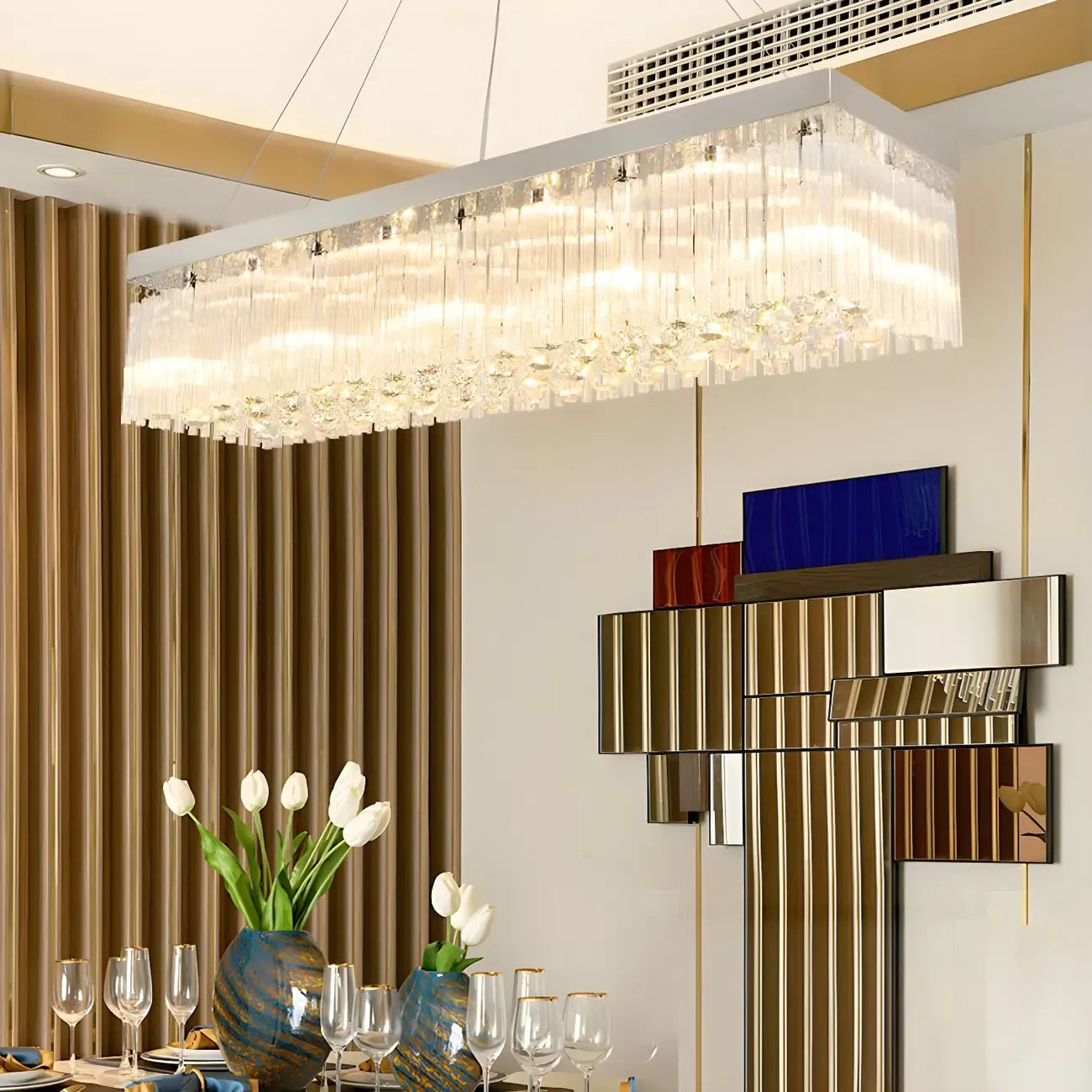 Lustre rectangulaire moderne en cristal argenté pour îlot central