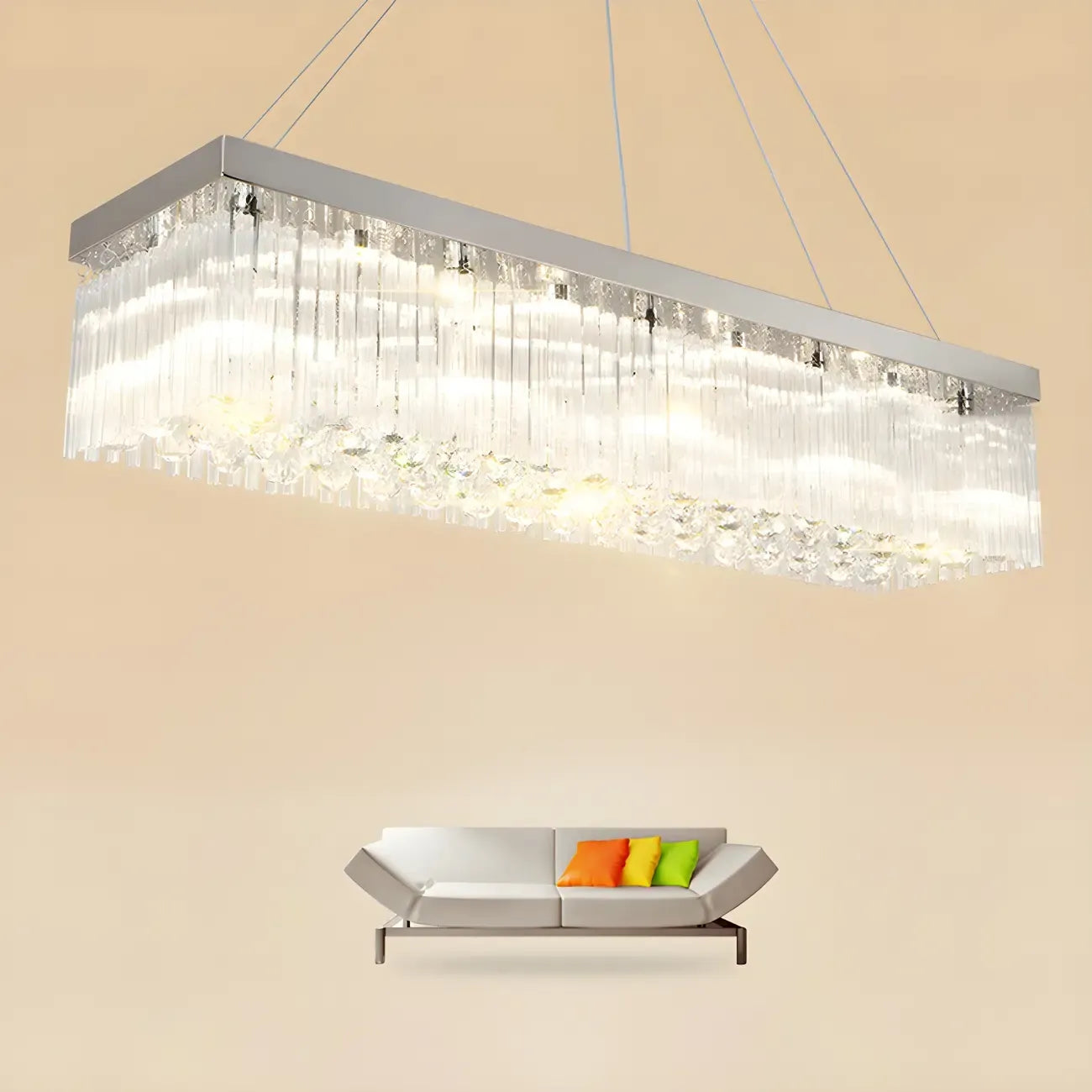 Lustre rectangulaire moderne en cristal argenté pour îlot central