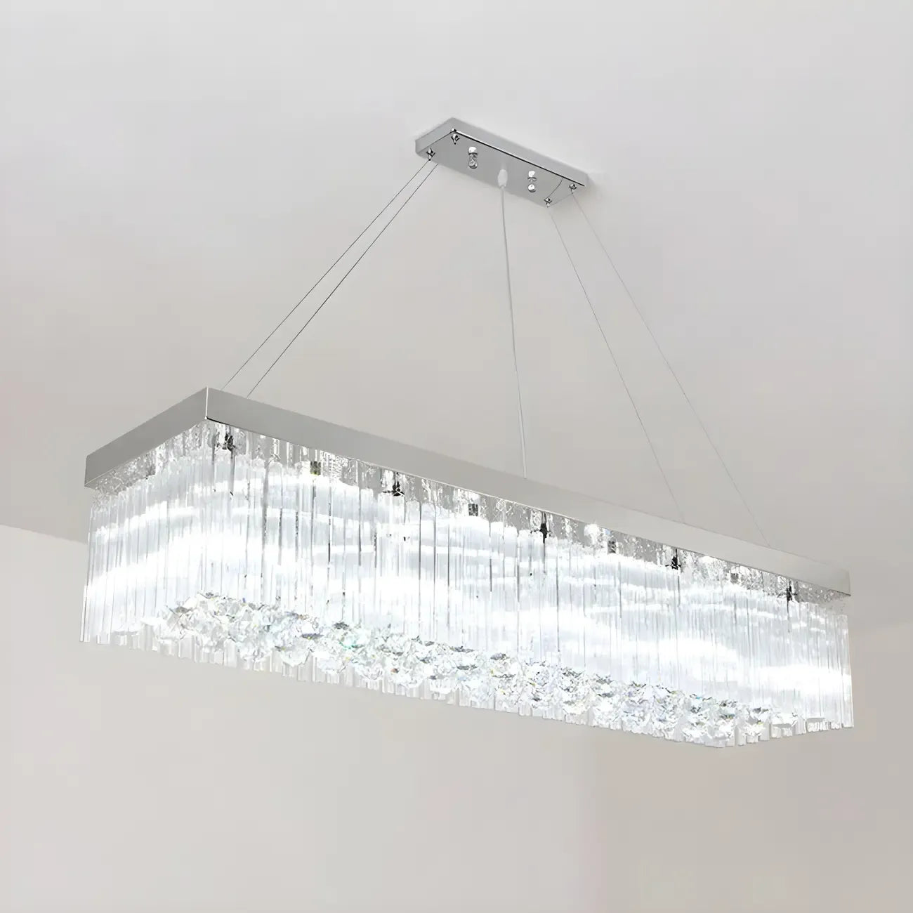 Lustre rectangulaire moderne en cristal argenté pour îlot central