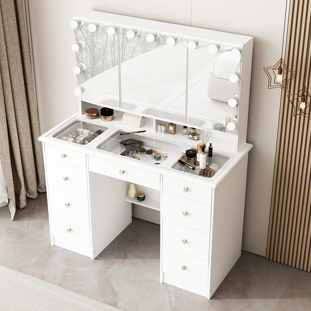 Coiffeuse avec miroir à trois volets, éclairage certifié, plateau en verre