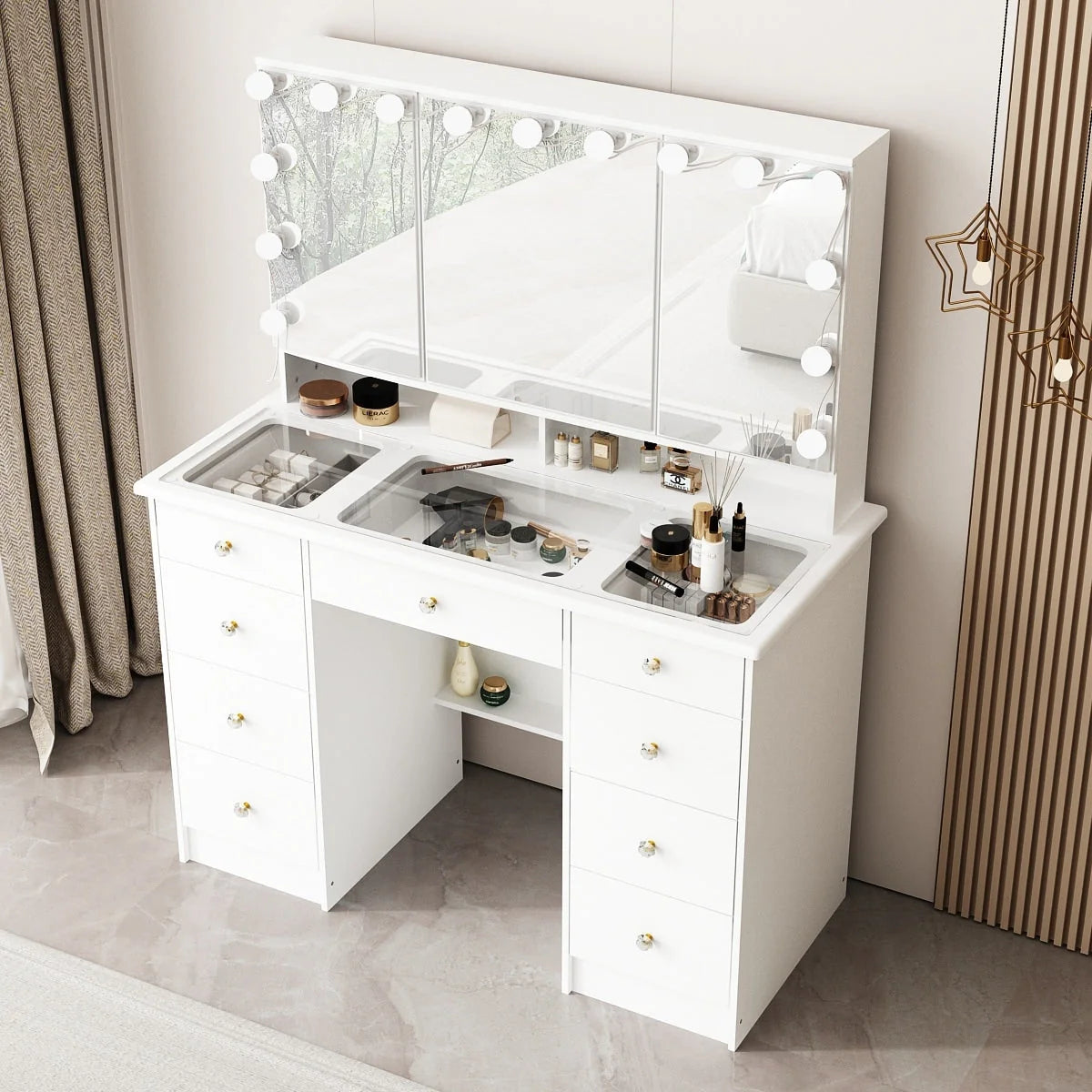 Coiffeuse avec miroir à trois volets, éclairage certifié, plateau en verre