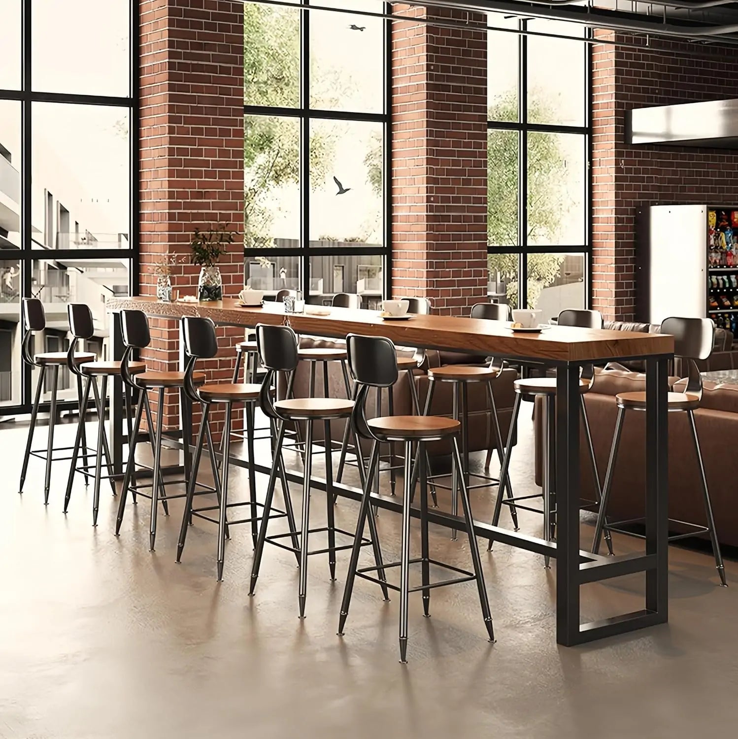 Table de bar rectangulaire en pin brun avec piètement en acier