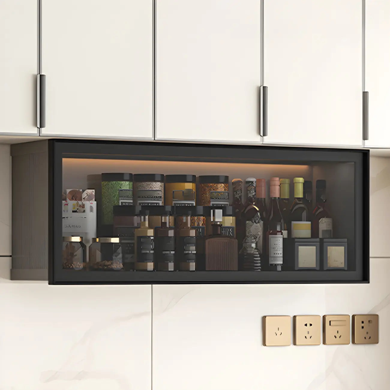 Vitrine de cuisine suspendue en métal gris et verre