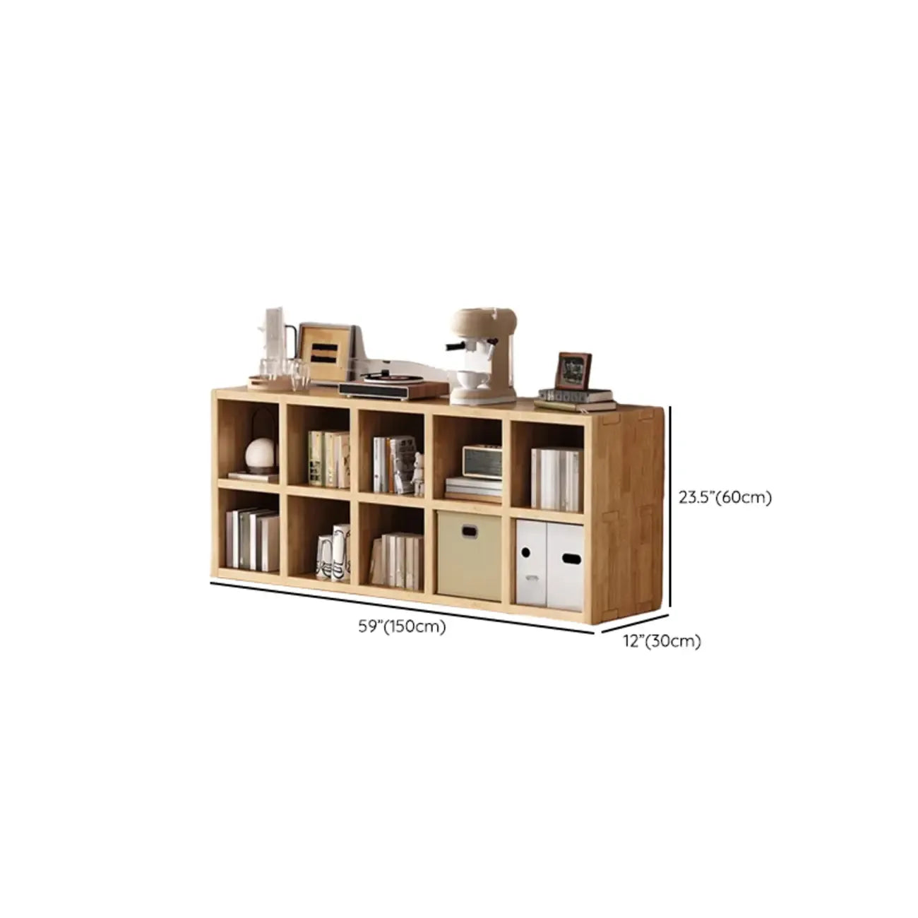 Bibliothèque horizontale moderne en bois à 8 cubes, finition naturelle