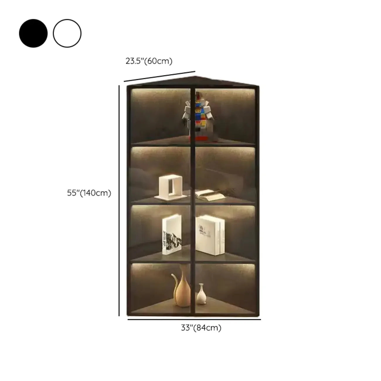 Vitrine d'angle moderne en métal gris et bois avec porte vitrée