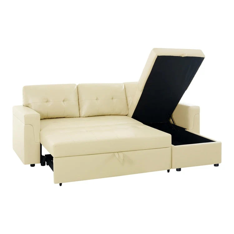 Canapé d'angle convertible et réversible avec lit gigogne, méridienne de rangement dissimulée et pieds robustes.