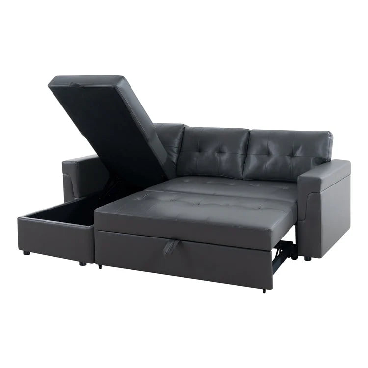 Canapé d'angle convertible et réversible avec lit gigogne, méridienne de rangement dissimulée et pieds robustes.
