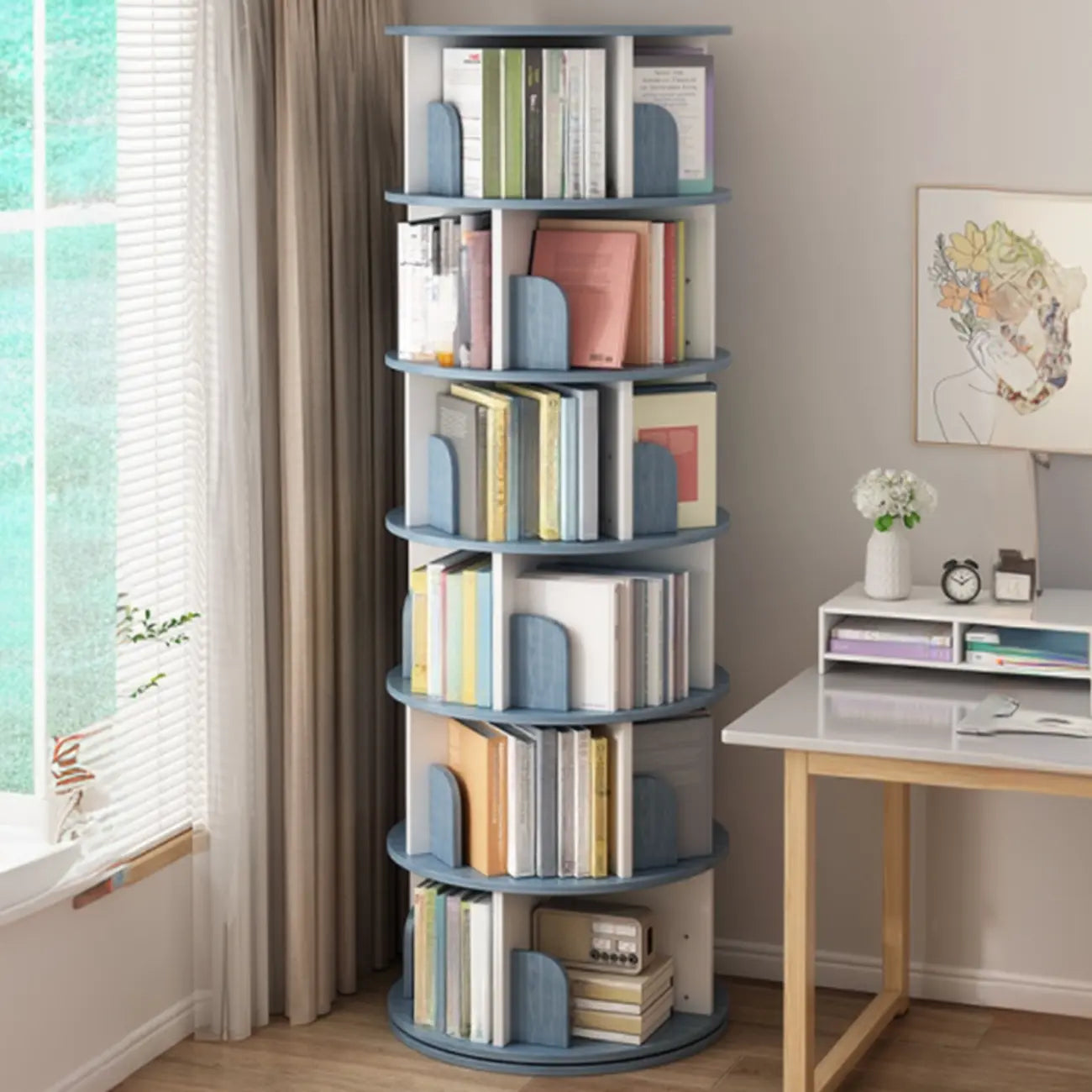 Bibliothèque cylindrique en bois marron à dos ouvert et pivotante