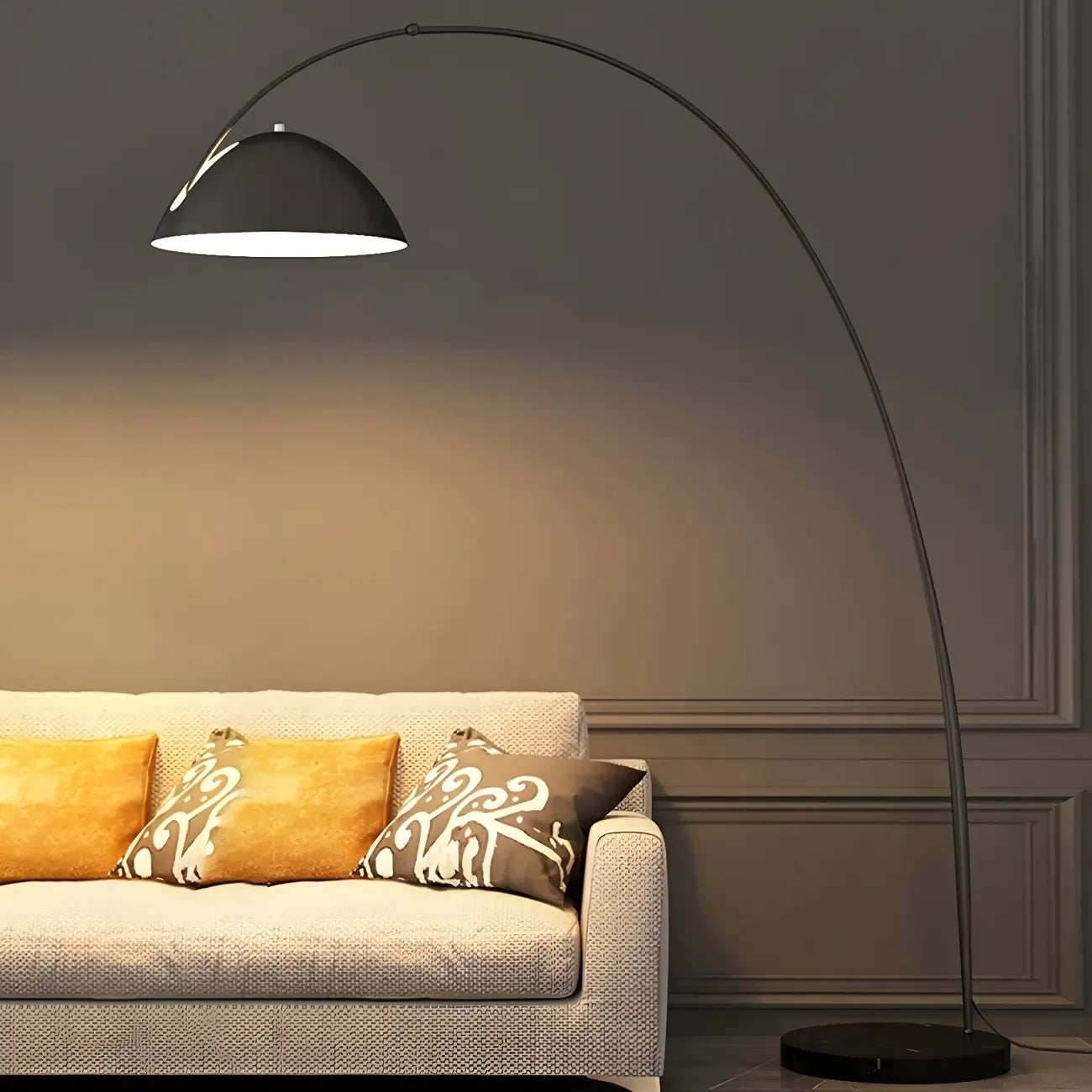 Lampadaire en métal arqué avec abat-jour en dôme réglable noir