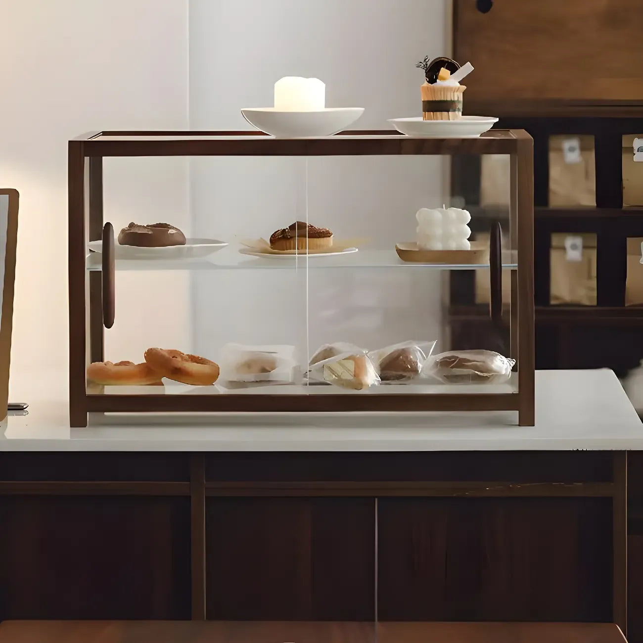 Élégante vitrine de table en bois avec portes coulissantes