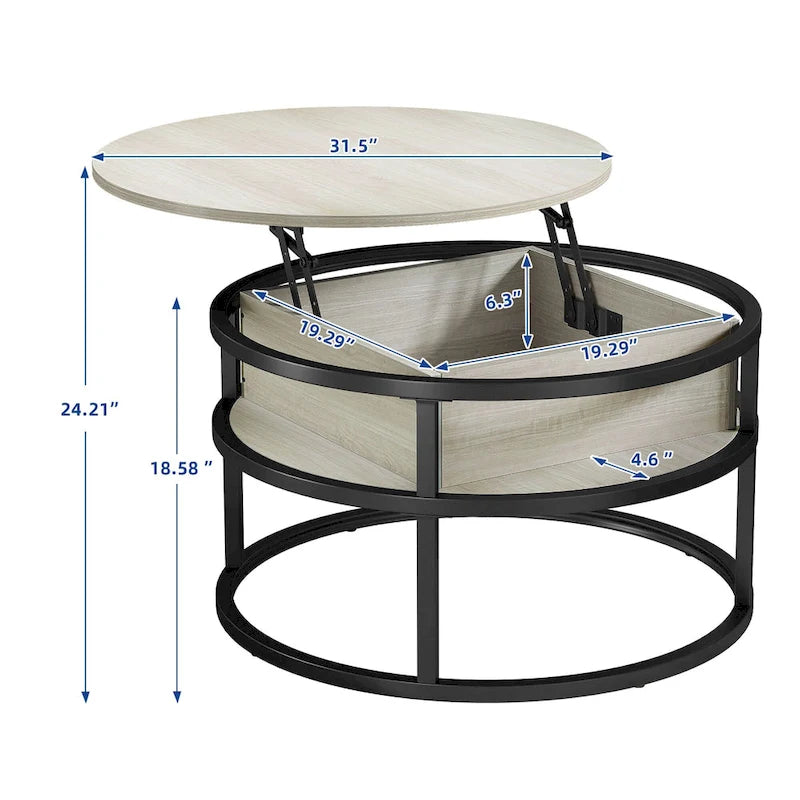 Table basse ronde relevable Moasis Farmhouse avec rangement dissimulé et étagère
