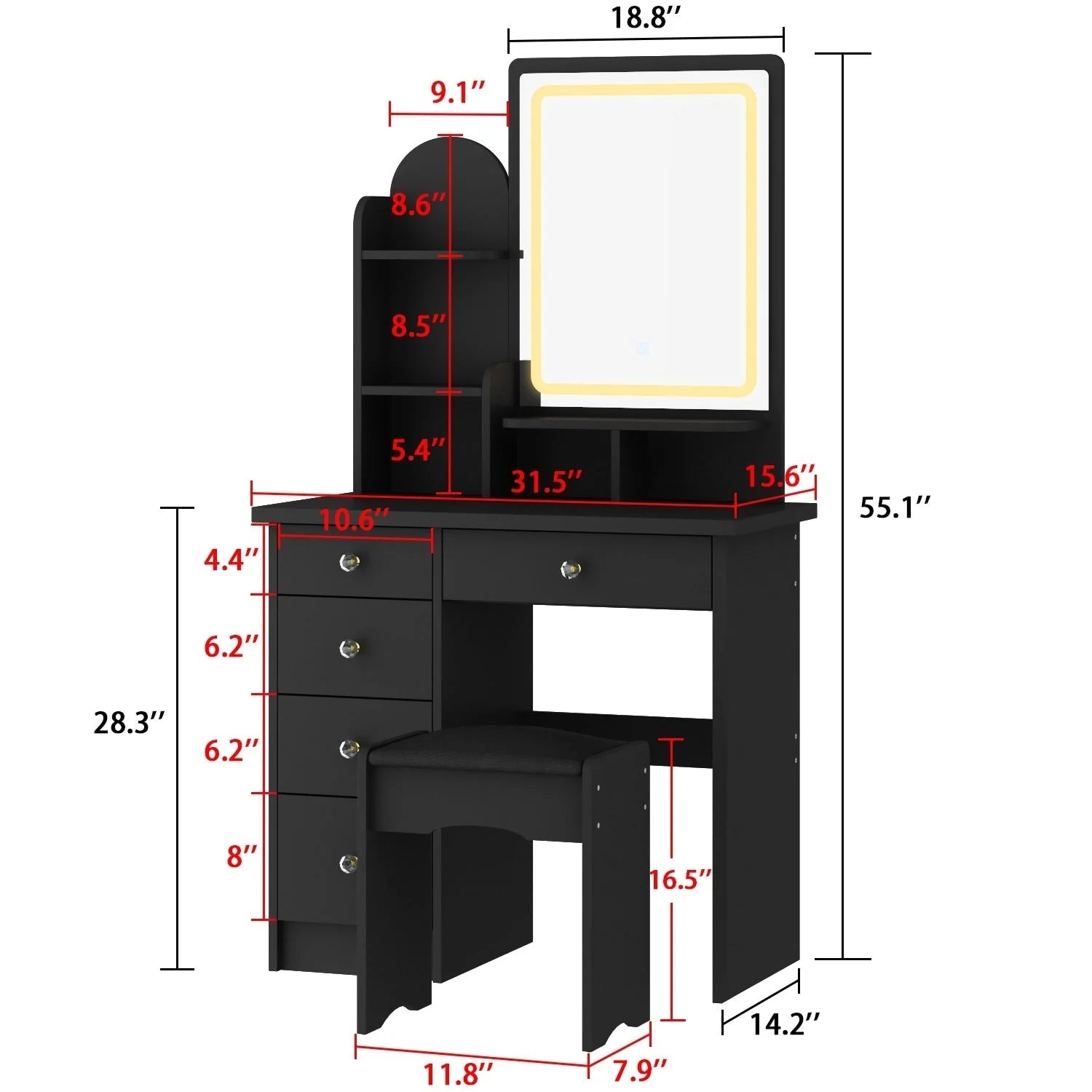 Ensemble coiffeuse avec lumière LED, miroir et tabouret