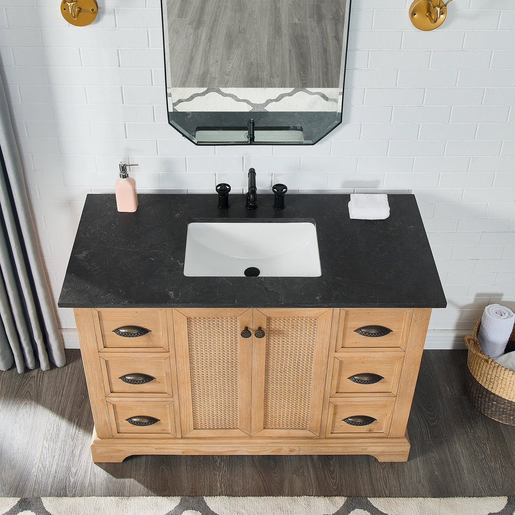Meuble-lavabo Hervas avec plateau en marbre naturel, sans miroir.