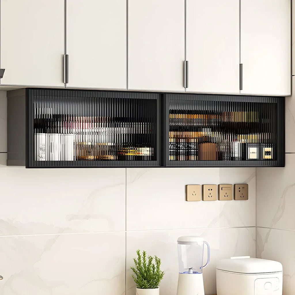 Vitrine de cuisine suspendue en métal gris et verre