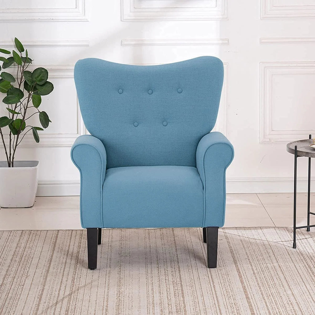 Fauteuil d'appoint moderne Erommy, fauteuil à dossier haut, canapé simple en tissu rembourré avec boutons et pieds en bois pour salon