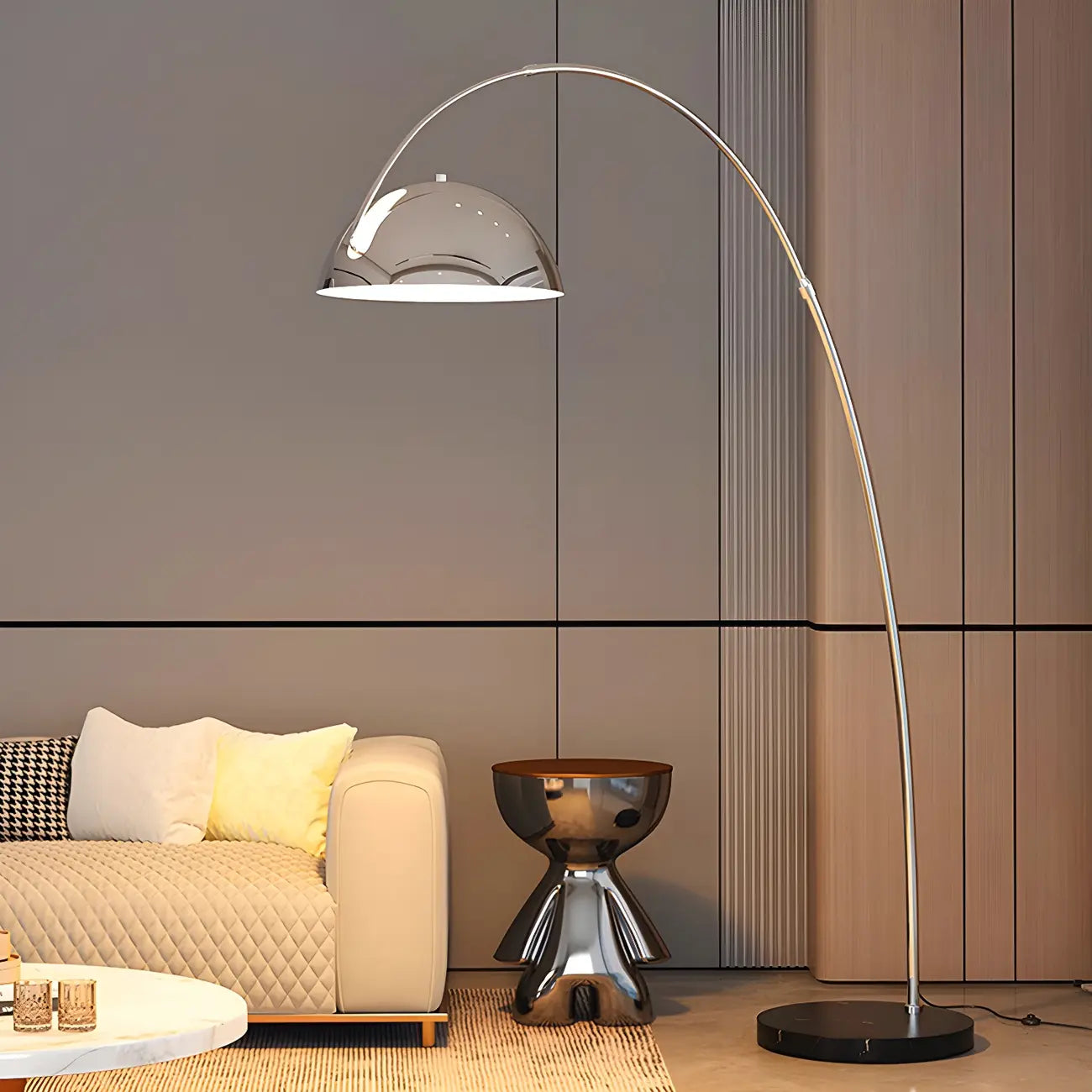 Lampadaire en métal arqué avec abat-jour en dôme réglable noir