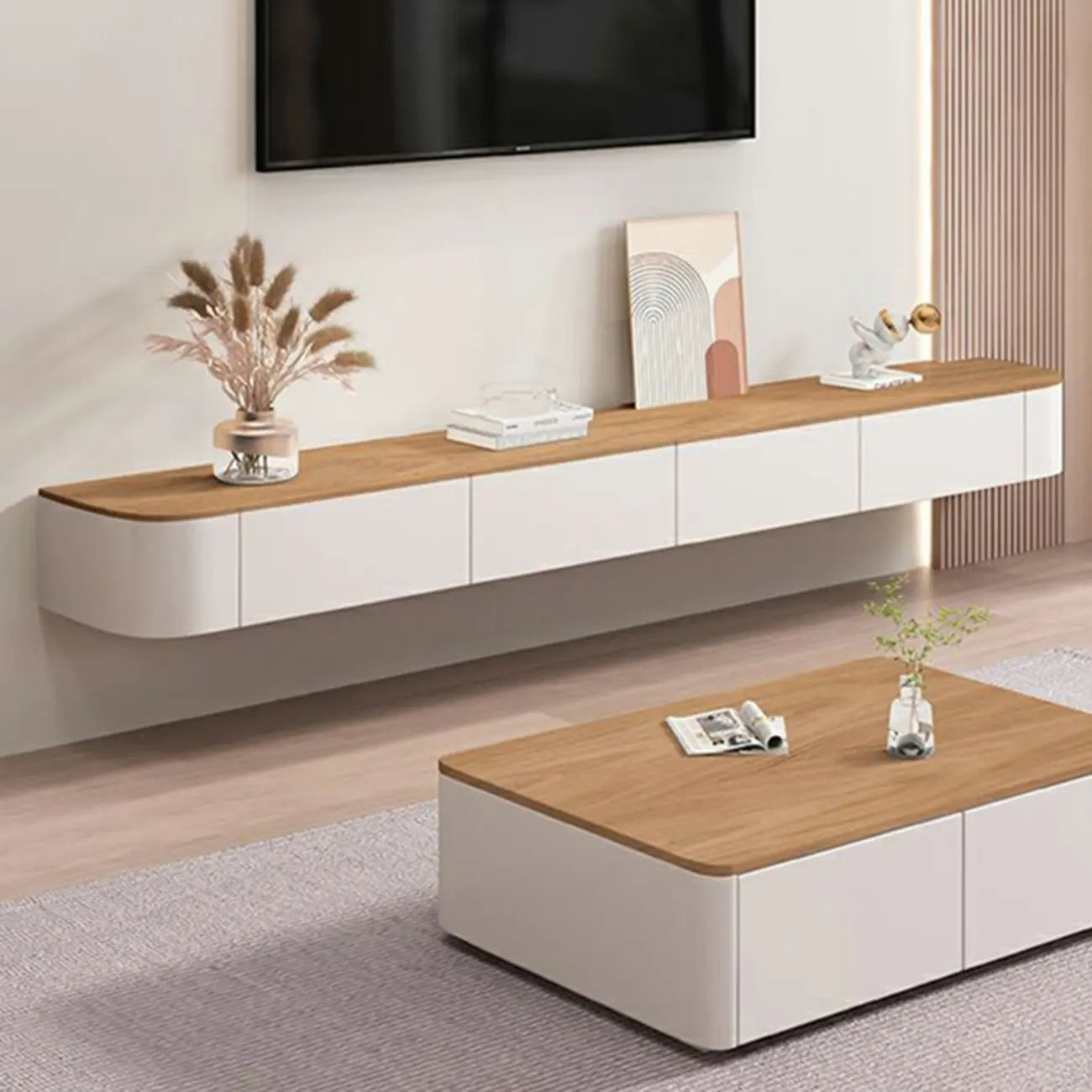 Mobile TV sospeso contemporaneo in legno bianco lungo con cassetti