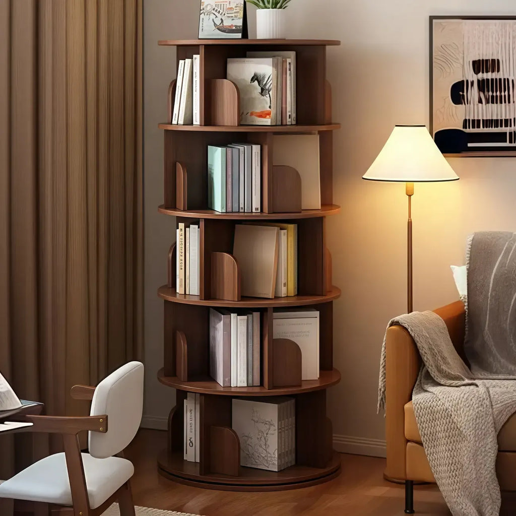Bibliothèque cylindrique en bois marron à dos ouvert et pivotante