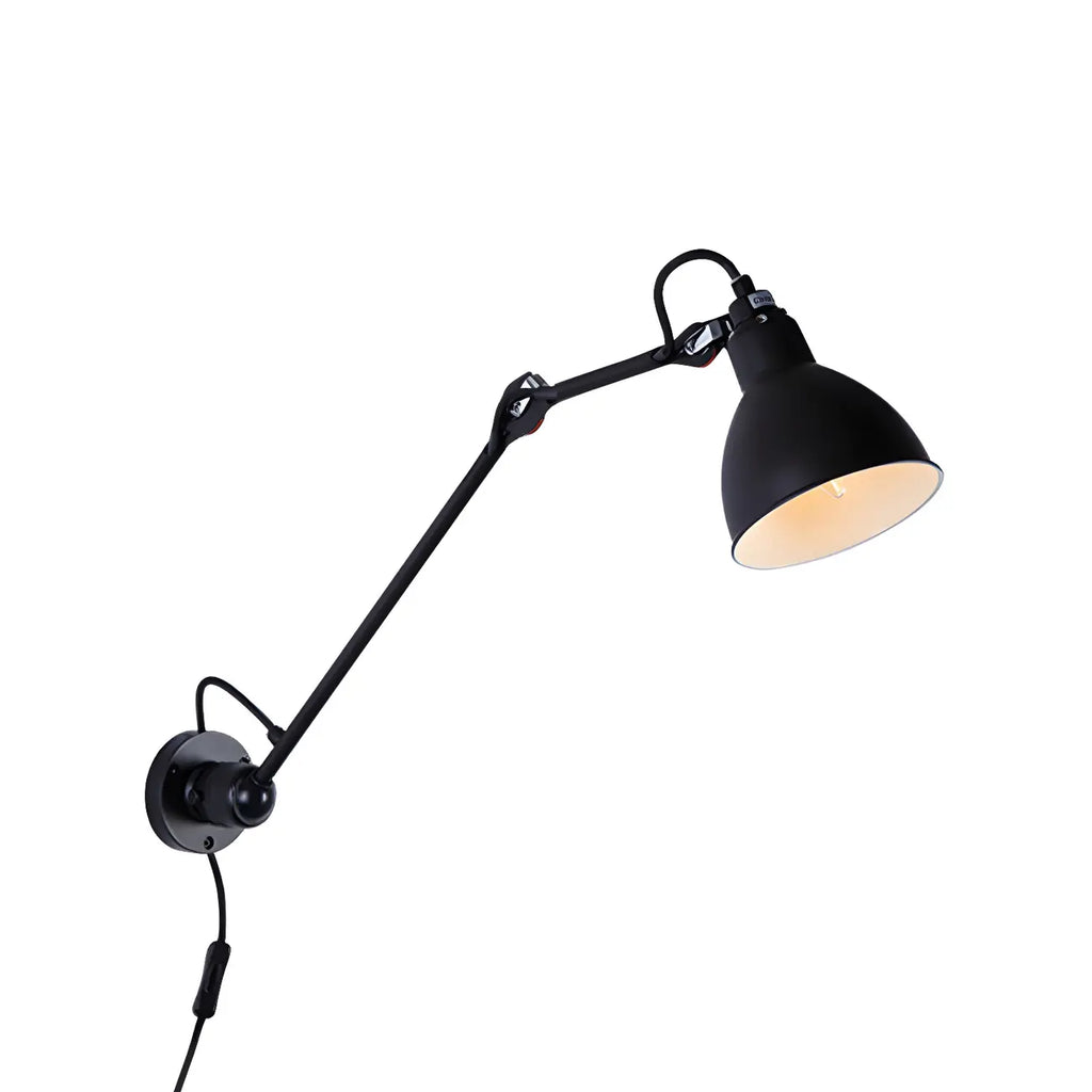 Applique murale à bras articulé en métal noir avec abat-jour intérieur blanc