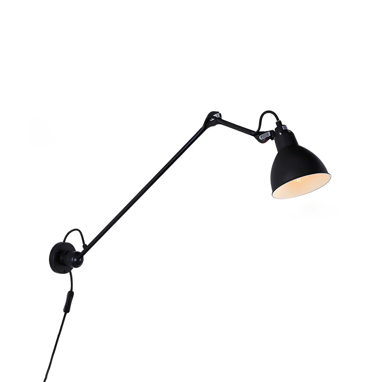 Applique murale à bras articulé en métal noir avec abat-jour intérieur blanc